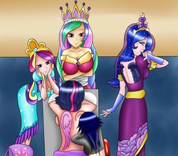 Size: 900x791 | Tagged: safe, artist:viracon, princess cadance, princess celestia, princess luna, twilight sparkle, human, g4, breasts, busty princess celestia, cleavage, female, humanized, tattoo, tattoo artist, trio, twilight sparkle (alicorn)