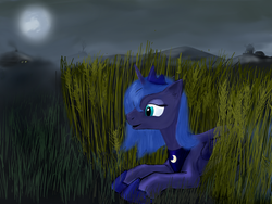 Size: 2730x2048 | Tagged: safe, artist:mindlesshead, princess luna, alicorn, pony, g4, female, grain, grass, mare, moon, night, s1 luna, solo