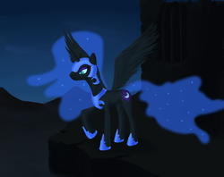 Size: 2048x1621 | Tagged: safe, artist:mindlesshead, nightmare moon, alicorn, pony, g4, cliff, ethereal mane, female, helmet, hoof shoes, mare, peytral, smiling, solo, spread wings, wings