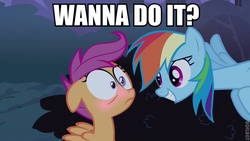 Size: 640x360 | Tagged: safe, edit, edited screencap, screencap, rainbow dash, scootaloo, pegasus, pony, g4, sleepless in ponyville, age difference, blushing, caption, female, filly, foal, implied foalcon, implied sex, innuendo, lesbian, mare, ship:scootadash, shipping