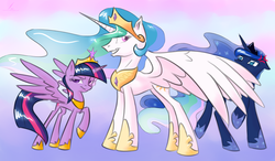 Size: 2400x1400 | Tagged: safe, artist:funnyfany, princess celestia, princess luna, twilight sparkle, alicorn, pony, g4, abstract background, angry, cross-popping veins, elements of harmony, ethereal mane, female, hoof shoes, mare, raised hoof, sidelining, smiling, starry mane, twilight sparkle (alicorn)