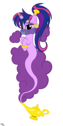 Size: 2500x5000 | Tagged: safe, artist:navitaserussirus, twilight sparkle, genie, pony, unicorn, asktwixiegenies, g4, alternate hairstyle, ask, beautisexy, bedroom eyes, blushing, circlet, ear piercing, earring, female, genie lamp, high ponytail, hooped earrings, horn, horn ring, jewelry, lidded eyes, looking at you, oil lamp, piercing, ring, shantae, shantae (character), simple background, smoke, solo, transparent background, tumblr, unicorn twilight, veil