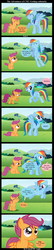 Size: 900x4169 | Tagged: safe, artist:cristal-of-light, pinkie pie, rainbow dash, scootaloo, pegasus, pony, g4, ^^, bush, cloud, comic, duo, duo female, eyes closed, female, filly, foal, grass, mare, mountain, offscreen character, sad, scootalove denied, sky