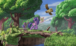 Size: 4000x2439 | Tagged: safe, artist:morevespenegas, owlowiscious, spike, twilight sparkle, g4, scenery