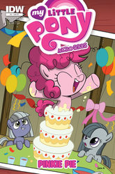 Size: 900x1366 | Tagged: safe, artist:sibsy, idw, official comic, limestone pie, marble pie, pinkie pie, g4, micro-series #5, my little pony micro-series, official, balloon, cake, comic, comic cover, cover, filly, party, pie sisters, younger