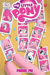 Size: 900x1366 | Tagged: safe, idw, pinkie pie, earth pony, pony, g4, micro-series #5, my little pony micro-series, comic cover, cover, cover art, face, facial expressions, female, funny face, mare, photo, solo