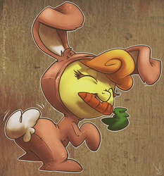 Size: 930x1000 | Tagged: safe, artist:atryl, carrot top, golden harvest, pony, g4, bunny costume, carrot, clothes, cute, cutie top, female, filly, mouth hold, solo