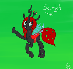 Size: 1200x1136 | Tagged: safe, artist:feralroku, oc, oc only, oc:scarlet, changeling, changeling queen, changeling oc, changeling queen oc, changelingified, female, irc, red changeling, solo, species swap