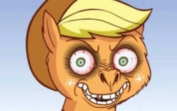 Size: 961x602 | Tagged: safe, artist:hotdiggedydemon, applejack, .mov, g4, bloodshot eyes, faic, nightmare fuel