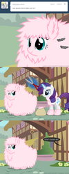 Size: 650x1625 | Tagged: safe, artist:mixermike622, rarity, oc, oc:fluffle puff, original species, pony, unicorn, tumblr:ask fluffle puff, g4, ask, boots, clippers, clothes, comic, duo, female, fluffy, haircut, hedge clippers, magic, mare, scarf, shoes, telekinesis, tumblr