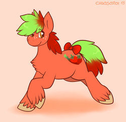 Size: 1299x1251 | Tagged: safe, artist:chocoscotch, artist:kure, oc, oc only, oc:strawberry rhubarb, earth pony, pony, freckles, male, ribbon, simple background, solo, unshorn fetlocks