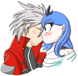 Size: 900x878 | Tagged: safe, artist:eradose, princess luna, human, g4, blazblue, crossover, crossover shipping, duo, female, first kiss, humanized, kiss on the lips, kissing, male, ragna the bloodedge, straight