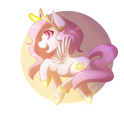 Size: 900x847 | Tagged: safe, artist:mylittlesheepy, princess celestia, alicorn, pony, g4, cewestia, crown, cute, female, filly, glowing horn, happy, horn, jewelry, light, magic, open mouth, pink-mane celestia, prancing, shiny, simple background, smiling, solo, transparent background, trotting, young, young celestia, younger