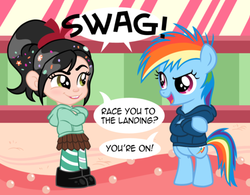 Size: 500x389 | Tagged: safe, artist:sketchyjackie, rainbow dash, pony, g4, bipedal, clothes, female, filly, filly rainbow dash, hoodie, sugar rush, vanellope von schweetz, wreck-it ralph, younger