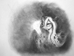 Size: 1600x1200 | Tagged: safe, artist:murphylaw4me, queen chrysalis, changeling, changeling queen, g4, female, grayscale, heart, monochrome, sketch, solo, traditional art
