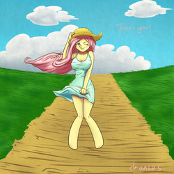 Size: 2000x2000 | Tagged: safe, artist:draneas, fluttershy, anthro, unguligrade anthro, g4, cleavage, clothes, cloud, cloudy, dress, female, hat, high res, one eye closed, smiling, solo, straw hat, wind