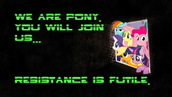 Size: 1067x600 | Tagged: safe, applejack, fluttershy, pinkie pie, rainbow dash, rarity, twilight sparkle, g4, borg, join the herd, mane six, parody, resistance is futile, star trek, text