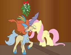 Size: 900x695 | Tagged: safe, artist:phoenixdragon86, fluttershy, keldeo, g4, blushing, christmas, kissing, mistletoe, pokémon