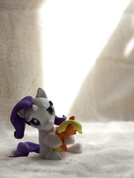 Size: 600x800 | Tagged: safe, artist:dustysculptures, applejack, rarity, g4, cute, doll, female, filly, filly rarity, lesbian, sad, sculpture, ship:rarijack, shipping, younger