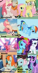 Size: 392x750 | Tagged: safe, edit, edited screencap, screencap, applejack, fluttershy, melody, patch (g1), pinkie pie, rainbow dash, rainbow dash (g3), rarity, rarity (g3), sweetheart, twilight sparkle, wind whistler, earth pony, pegasus, pony, unicorn, g1, g3, g4, my little pony tales, applejack's hat, bipedal, cowboy hat, cropped, female, flying, generation leap, hat, intro, offscreen character, unicorn twilight