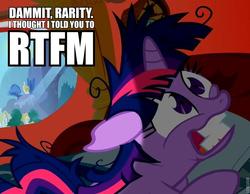 Size: 764x592 | Tagged: safe, edit, edited screencap, screencap, twilight sparkle, pony, unicorn, g4, bed, caption, female, implied rarity, insanity, mare, pillow, reaction image, rtfm