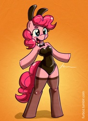 Size: 900x1231 | Tagged: safe, artist:furboz, pinkie pie, earth pony, anthro, semi-anthro, unguligrade anthro, g4, arm hooves, blushing, bunny suit, clothes, leotard, playboy bunny, socks, stockings, thigh highs