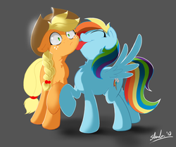 Size: 1648x1380 | Tagged: safe, artist:shnider, applejack, rainbow dash, earth pony, pegasus, pony, g4, alternate hairstyle, braid, chest fluff, cute, eyes closed, female, freckles, hat, lesbian, licking, mare, ship:appledash, shipping, surprised