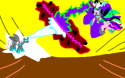 Size: 938x586 | Tagged: safe, silver spoon, oc, alicorn, pony, g4, beam struggle, dark magic, fight, magic blast, ms paint, silvercorn, sombra eyes, spoonicus maximus, tiara ultima