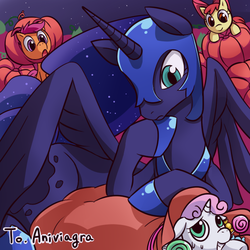 Size: 600x600 | Tagged: safe, artist:magentablackr, apple bloom, nightmare moon, princess luna, scootaloo, sweetie belle, g4, candy, costume, cutie mark crusaders, food, lollipop, nightmare luna, nightmare night, pumpkin, sack, sweat