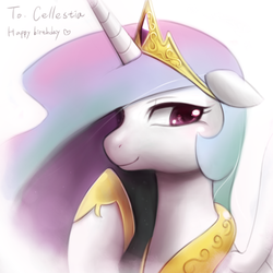 Size: 600x600 | Tagged: safe, artist:magentablackr, princess celestia, pony, g4, female, grammar error, simple background, smiling, solo, text