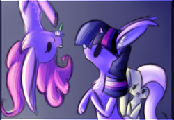 Size: 1300x900 | Tagged: safe, artist:t-tinuke, fluttershy, pinkie pie, twilight sparkle, rabbit, g4, bunnified, bunny pie, bunny sparkle, bunnyshy, species swap