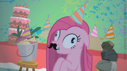 Size: 1280x718 | Tagged: safe, edit, edited screencap, editor:i-shooped-a-pwny, screencap, madame leflour, mr. turnip, pinkie pie, rocky, sir lintsalot, earth pony, pony, g4, party of one, abstract background, bucket, cake, contemplating insanity, derp, female, floppy ears, flour, food, grin, hat, hilarious in hindsight, insanity, mare, moustache, party hat, pinkamena diane pie, rock, smiling, squee, stool, table, turnip, wide eyes