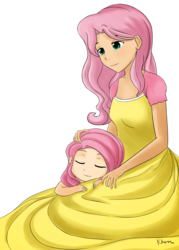 Size: 1313x1838 | Tagged: safe, artist:kprovido, fluttershy, posey, human, g1, g4, humanized, mother, parent, sleeping