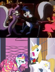 Size: 516x680 | Tagged: safe, prince blueblood, rarity, pony, skunk, unicorn, g4, season 1, the best night ever, clothes, coincidence i think not, comparison, dress, female, fifi la fume, johnny pew, kit, male, mare, stallion, tiny toon adventures, tiny toon adventures: how i spent my vacation, younger