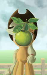 Size: 626x1000 | Tagged: safe, artist:darkkodkod, applejack, earth pony, pony, g4, apple, fine art parody, hilarious in hindsight, parody, solo, the son of man