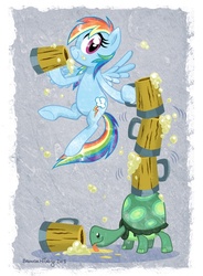 Size: 557x755 | Tagged: safe, artist:brenda hickey, rainbow dash, tank, g4, balance, cider, drink, pile