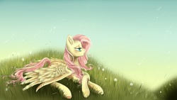 Size: 1920x1080 | Tagged: safe, artist:chocori, fluttershy, pony, g4, crossed hooves, dandelion, female, grass, lidded eyes, profile, prone, solo, spread wings