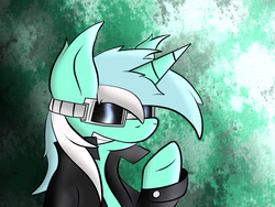 Size: 1024x768 | Tagged: safe, artist:wonder-waffle, lyra heartstrings, pony, unicorn, g4, abstract background, bust, clothes, female, goggles, grin, smiling, solo, sunglasses