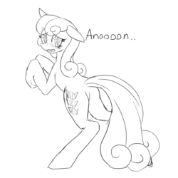Size: 1000x1000 | Tagged: safe, artist:mewball, bon bon, sweetie drops, oc, oc:anon, earth pony, pony, g4, butt, dialogue, female, mare, monochrome, plot, simple background, solo, white background