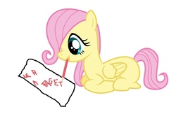 Size: 1510x982 | Tagged: safe, fluttershy, g4, filly, mouth hold, pencil, slur, ur a faget, writing
