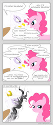 Size: 900x2100 | Tagged: safe, artist:jdan-s, gilda, pinkie pie, griffon, g4, backwards beak, beak, cartoon physics, comic, dialogue, duck season rabbit season, looney tunes, modular, parody, scrunchy face