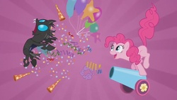 Size: 853x480 | Tagged: safe, screencap, pinkie pie, changeling, a canterlot wedding, g4, blank flank, fight, party cannon