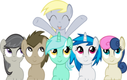 Size: 1285x811 | Tagged: safe, artist:lottapotatosalad, bon bon, derpy hooves, dj pon-3, doctor whooves, lyra heartstrings, octavia melody, sweetie drops, time turner, vinyl scratch, earth pony, pegasus, pony, unicorn, g4, ^^, background pony, background six, eyes closed, female, happy, hooves, horn, male, mare, open mouth, simple background, smile song, smiling, stallion, transparent background, vector