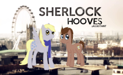 Size: 1137x702 | Tagged: safe, derpy hooves, doctor whooves, time turner, pegasus, pony, g4, bbc sherlock, clothes, crossover, female, john watson, london, london eye, mare, parody, ponified, scarf, sherlock, sherlock holmes