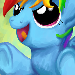Size: 750x750 | Tagged: safe, artist:weedgoku1488, rainbow dash, pegasus, pony, g4, abstract background, female, mare, open mouth, smiling, solo