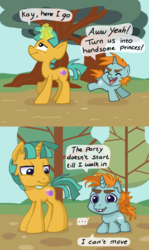 Size: 903x1517 | Tagged: safe, artist:peppersupreme, snails, snips, pony, unicorn, g3, g3.5, g4, ..., colt, comic, dialogue, foal, g4 to g3.5, generation leap, horn, ke$ha, male, song reference, speech bubble, tik tok (song), tiktok, transformation