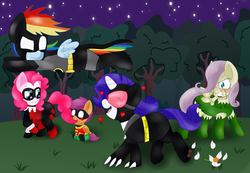 Size: 2750x1900 | Tagged: safe, artist:blackbewhite2k7, fluttershy, pinkie pie, rainbow dash, rarity, scootaloo, pegasus, pony, unicorn, g4, angry, batman, batman and robin, batmare, catmare, catwoman, cosplay, costume, crossover, dc comics, female, filly, flying, foal, group, harley quinn, lesbian, mare, nom, parody, pinkie quinn, poison ivy, poison ivyshy, robin, robinloo, ship:raridash, shipping, younger