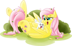 Size: 1250x798 | Tagged: safe, artist:ruby-hooves, angel bunny, fluttershy, g4, bush, on back