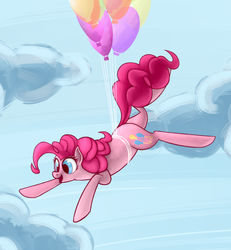 Size: 1000x1082 | Tagged: safe, artist:ruby-hooves, pinkie pie, pony, g4, balloon, cloud, cloudy, female, flying, solo, then watch her balloons lift her up to the sky