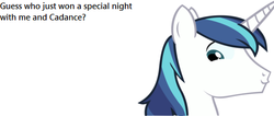 Size: 488x207 | Tagged: safe, princess cadance, shining armor, pony, unicorn, g4, bronybait, bust, implied good clean married sex, implied group sex, implied sex, implied threesome, male, solo, text